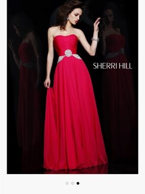 Sherri Hill Hot Pink Strapless Evening Gown with Jeweled Waist